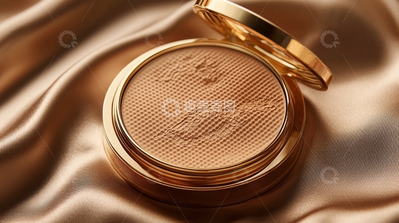 高清大图下载【趣麦麦图】精致的金色粉饼在丝绸背景上
