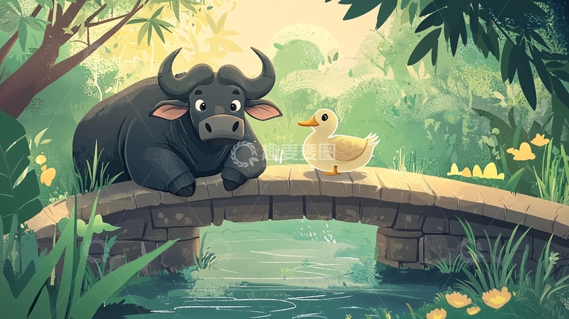 高清大图下载【趣麦麦图】水牛和鸭子在桥上