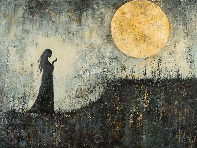 高清大图下载【趣麦麦图】孤独女性仰望月亮