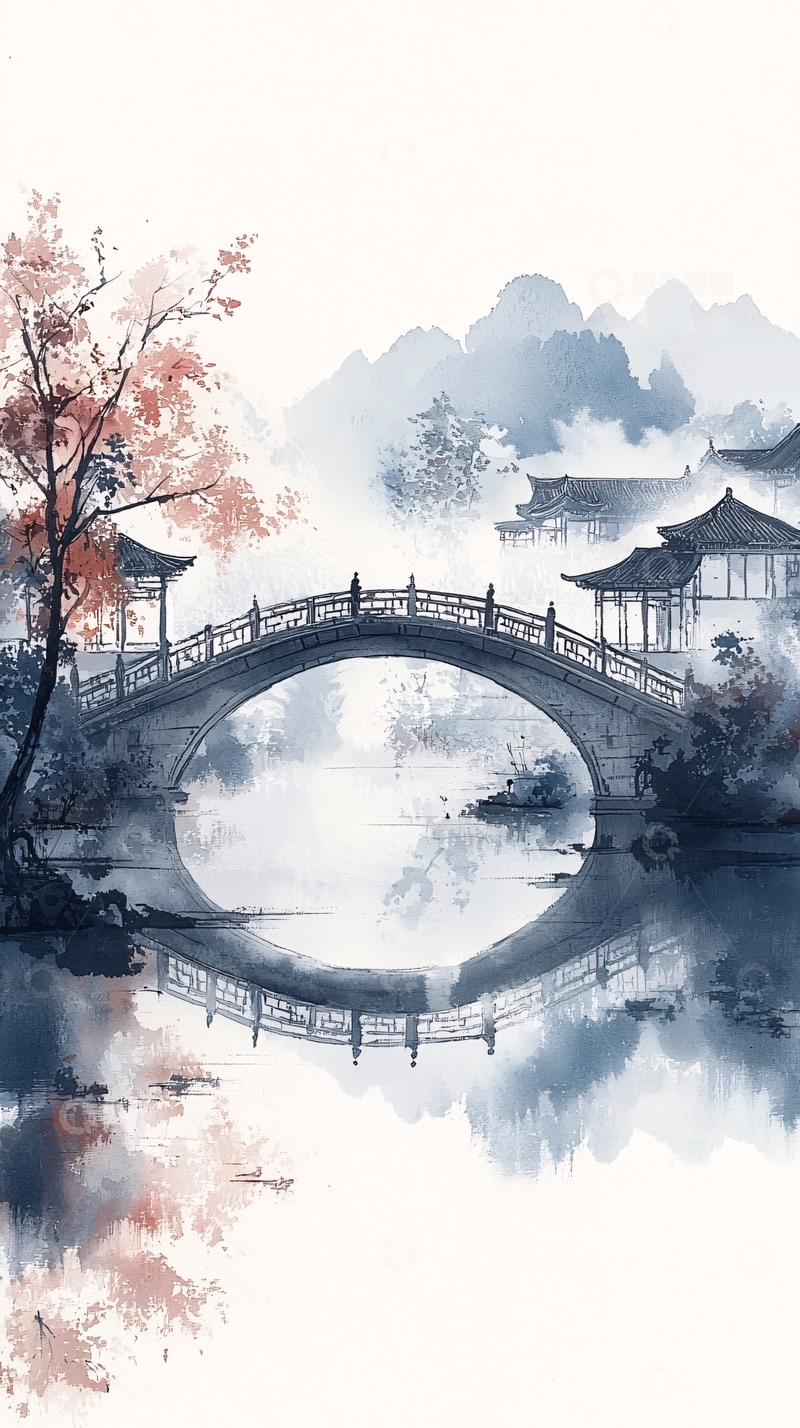 高清大图下载【趣麦麦图】水墨风桥梁建筑山水画