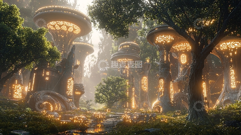 高清大图下载【趣麦麦图】发光巨型蘑菇森林