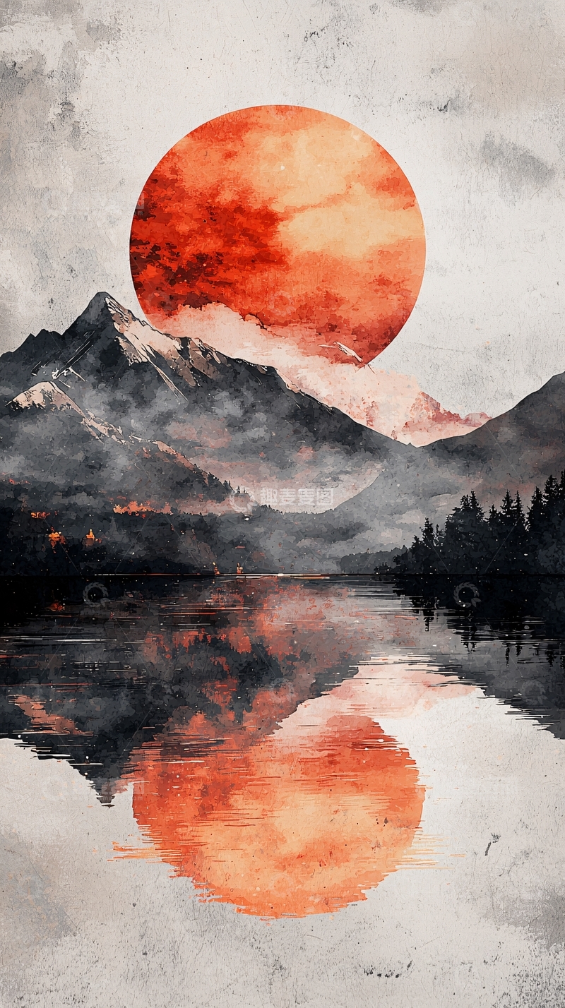 高清大图下载【趣麦麦图】湖面山影血色圆月