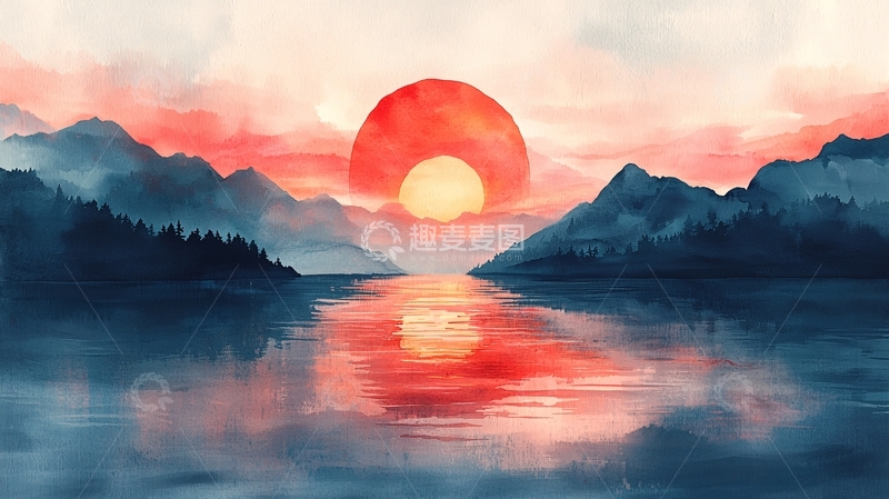 高清大图下载【趣麦麦图】水墨山水日落
