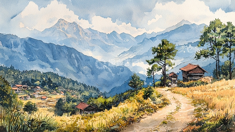 高清大图下载【趣麦麦图】水彩山景小屋