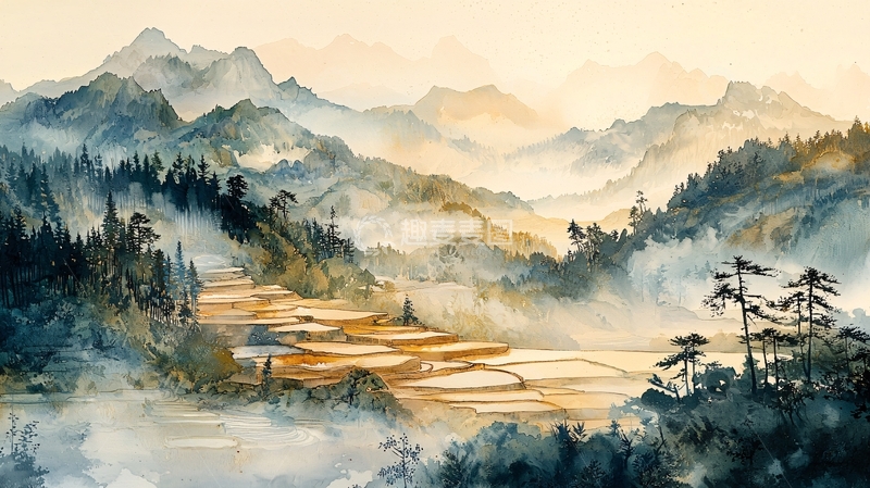 高清大图下载【趣麦麦图】水墨山水田园风光图