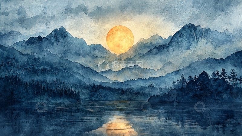 高清大图下载【趣麦麦图】水墨山水月亮