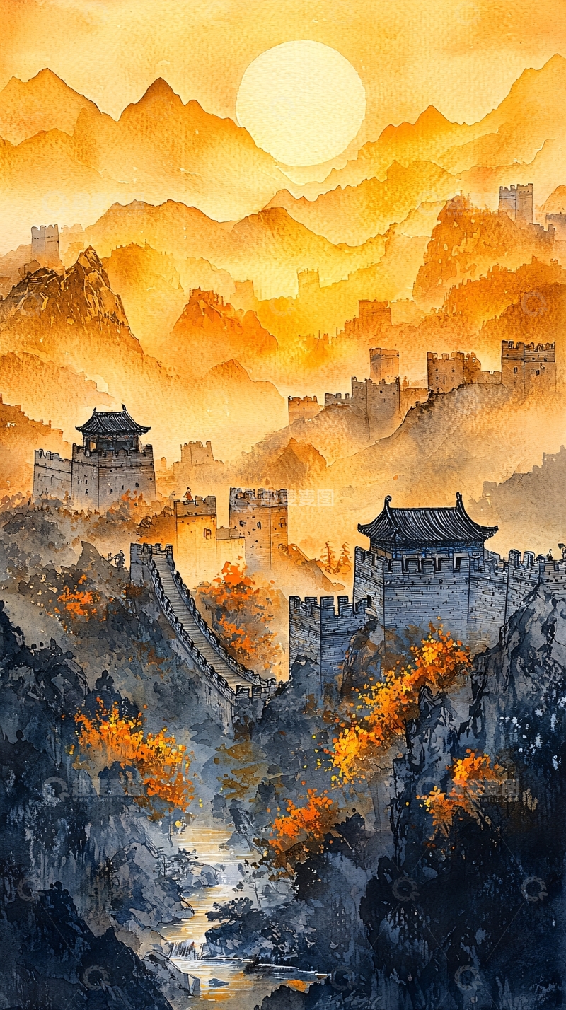 高清大图下载【趣麦麦图】长城夕阳水墨画