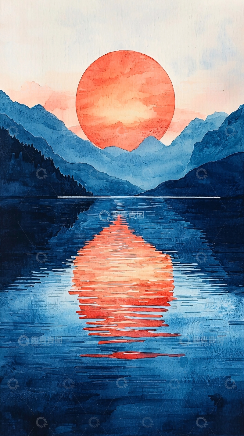高清大图下载【趣麦麦图】水彩日落山水画