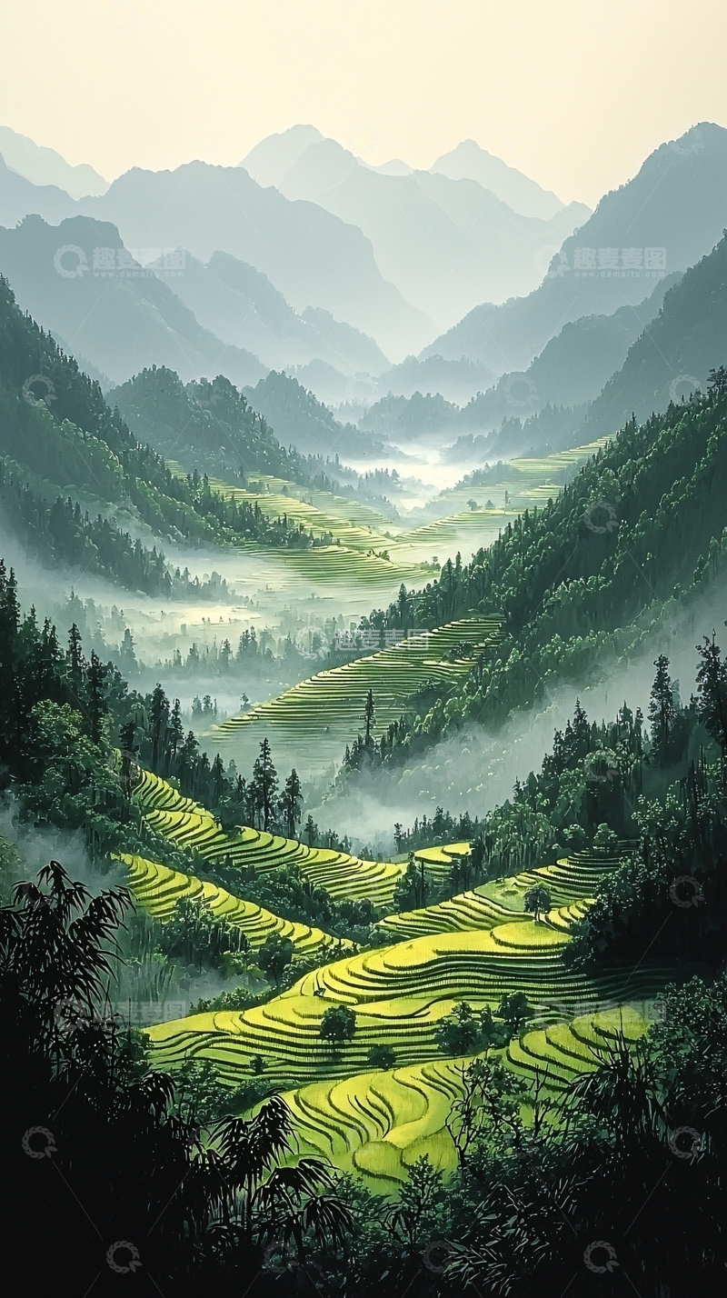 高清大图下载【趣麦麦图】雾气缭绕的山谷梯田