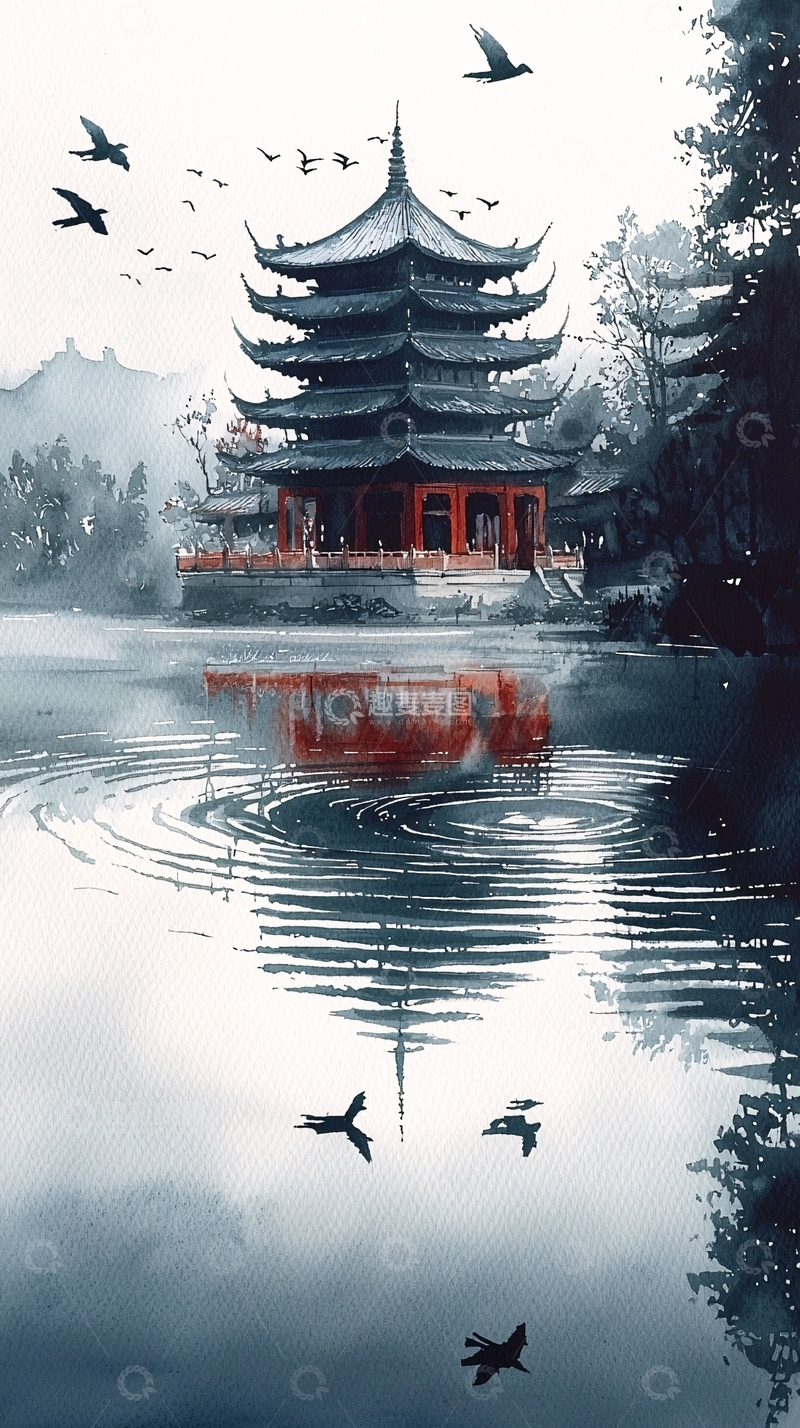 高清大图下载【趣麦麦图】湖边塔楼飞鸟水墨风