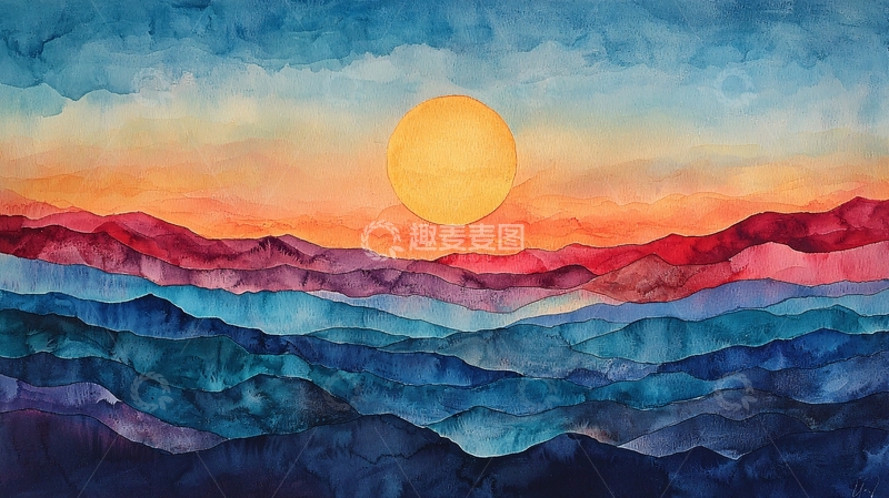 高清大图下载【趣麦麦图】水彩日落