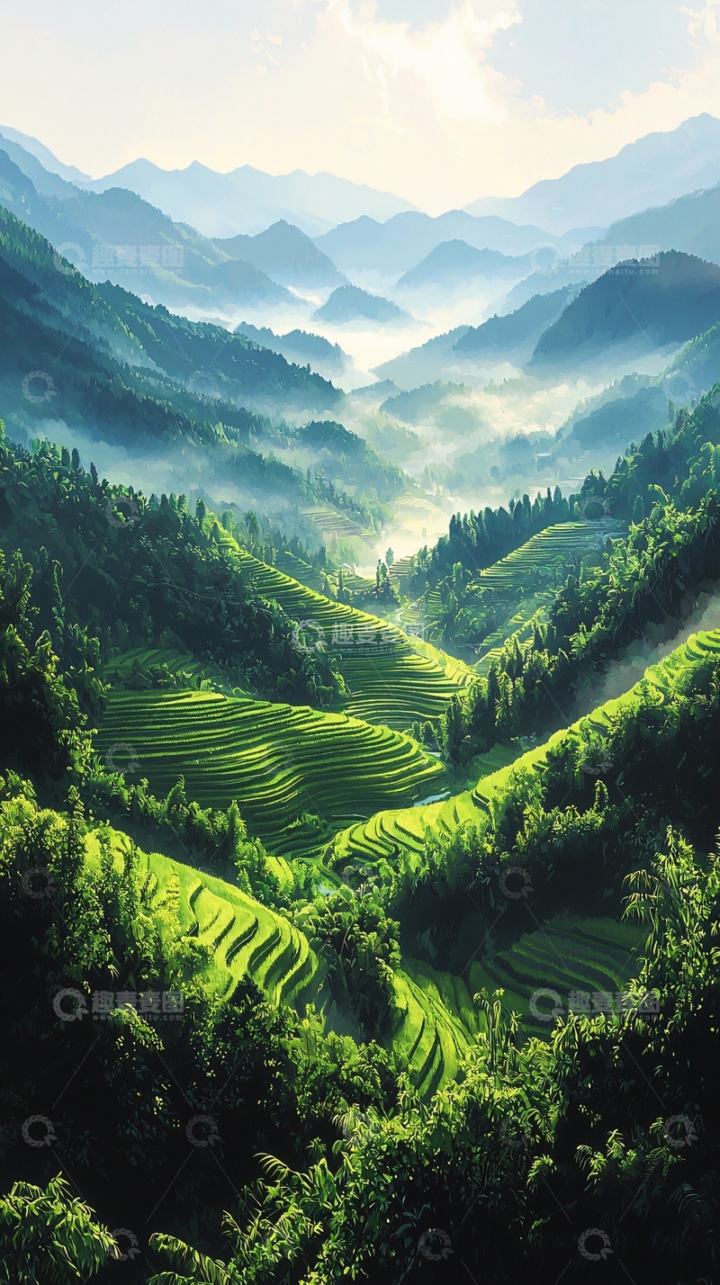 高清大图下载【趣麦麦图】翠绿梯田山谷云雾缭绕