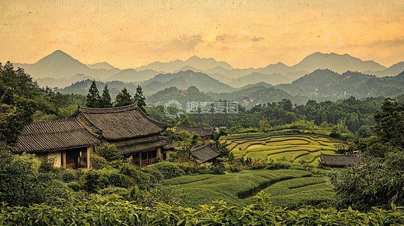 高清大图下载【趣麦麦图】傍晚山峦环抱古建筑