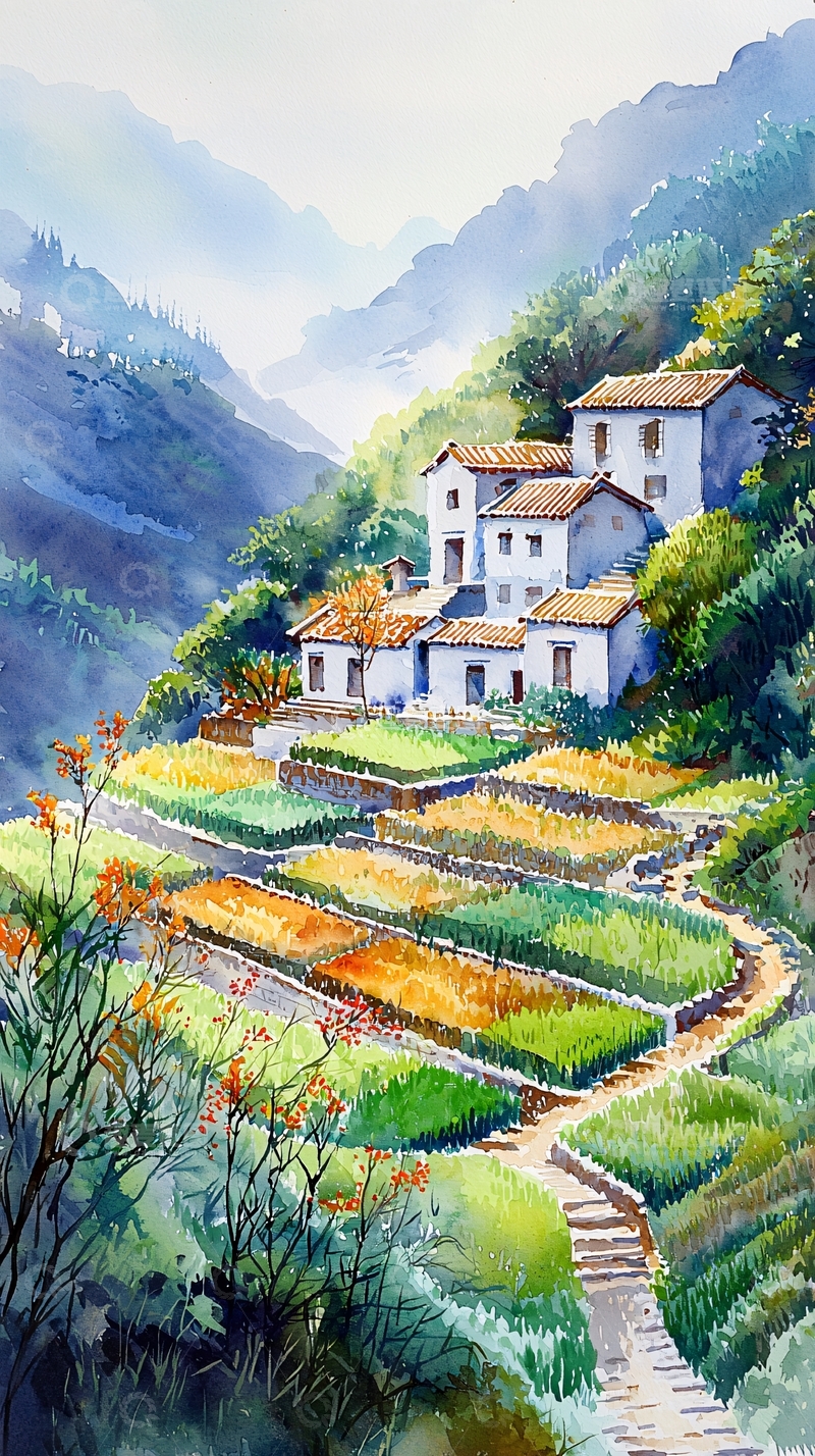 高清大图下载【趣麦麦图】山间梯田上的白色房屋