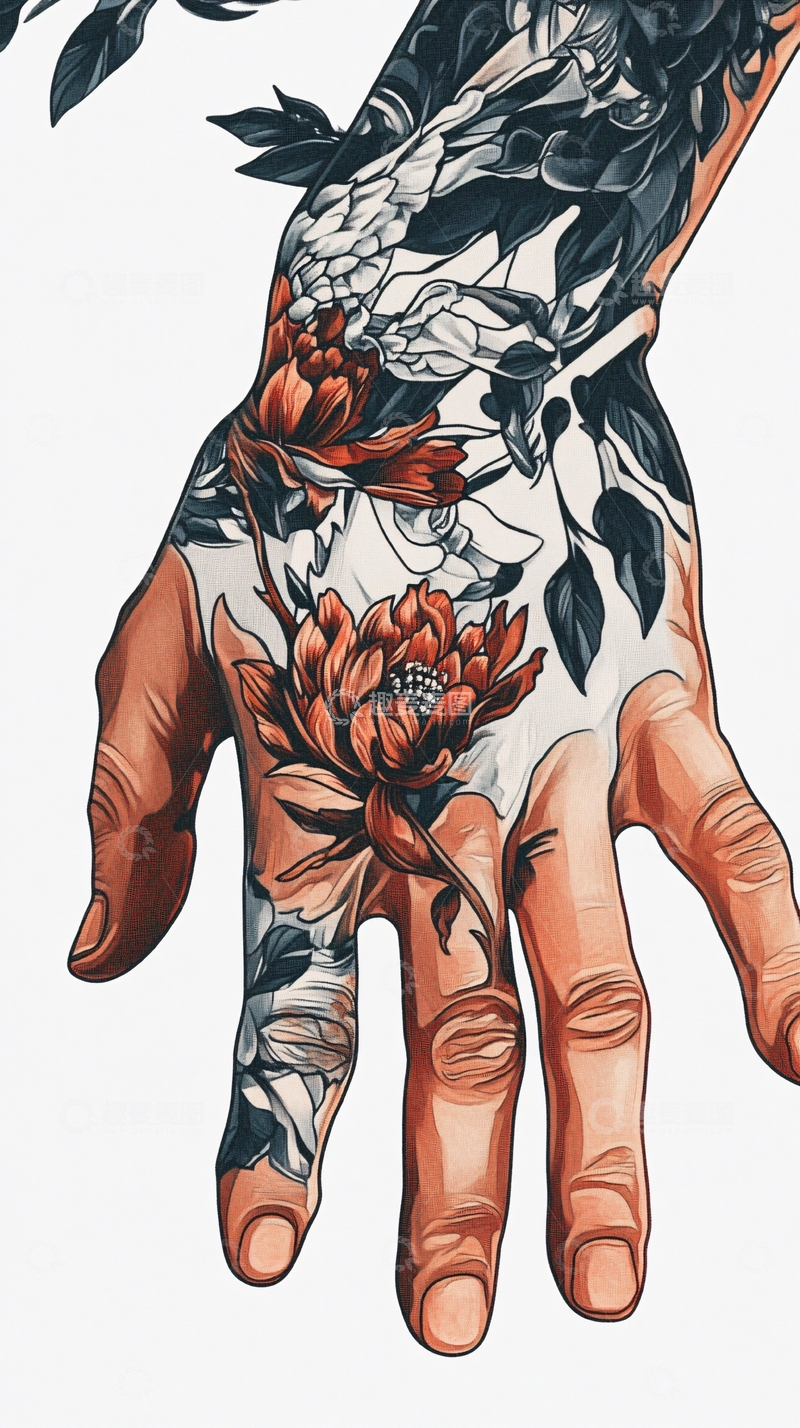 高清大图下载【趣麦麦图】手绘花卉纹身手部特写