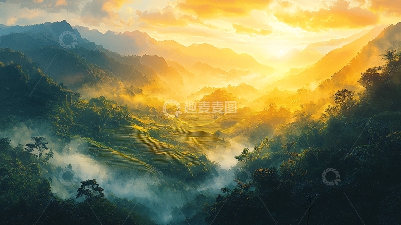 高清大图下载【趣麦麦图】热带雨林日出光辉