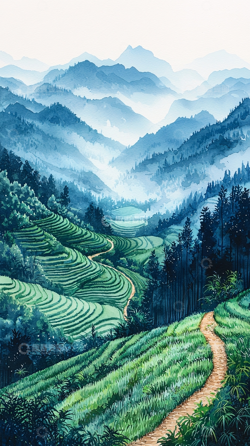 高清大图下载【趣麦麦图】水墨风格梯田山峦景色