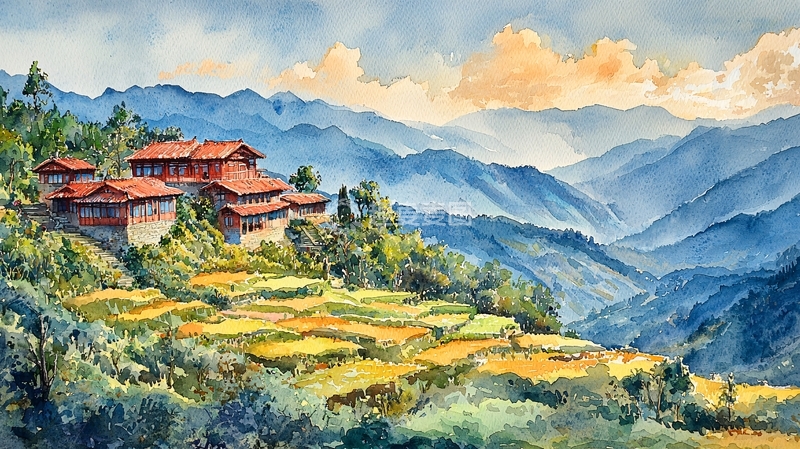 高清大图下载【趣麦麦图】山村水彩画