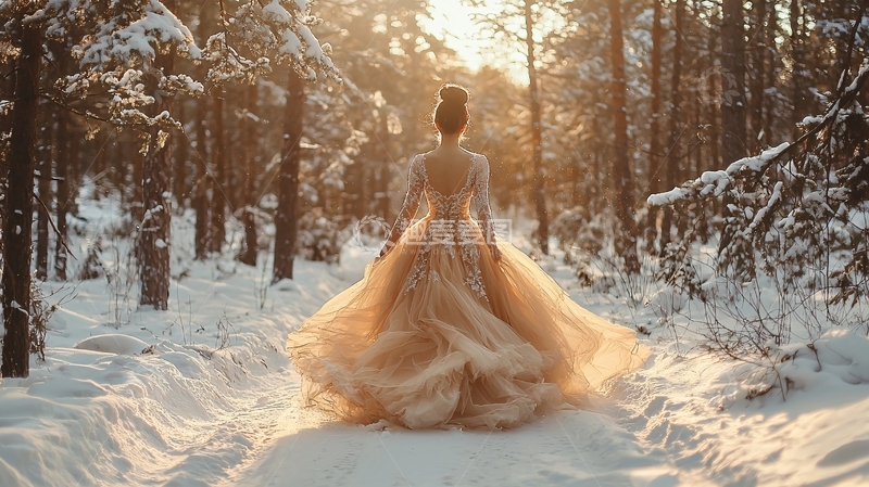 高清大图下载【趣麦麦图】冬季森林中的金色长裙女子