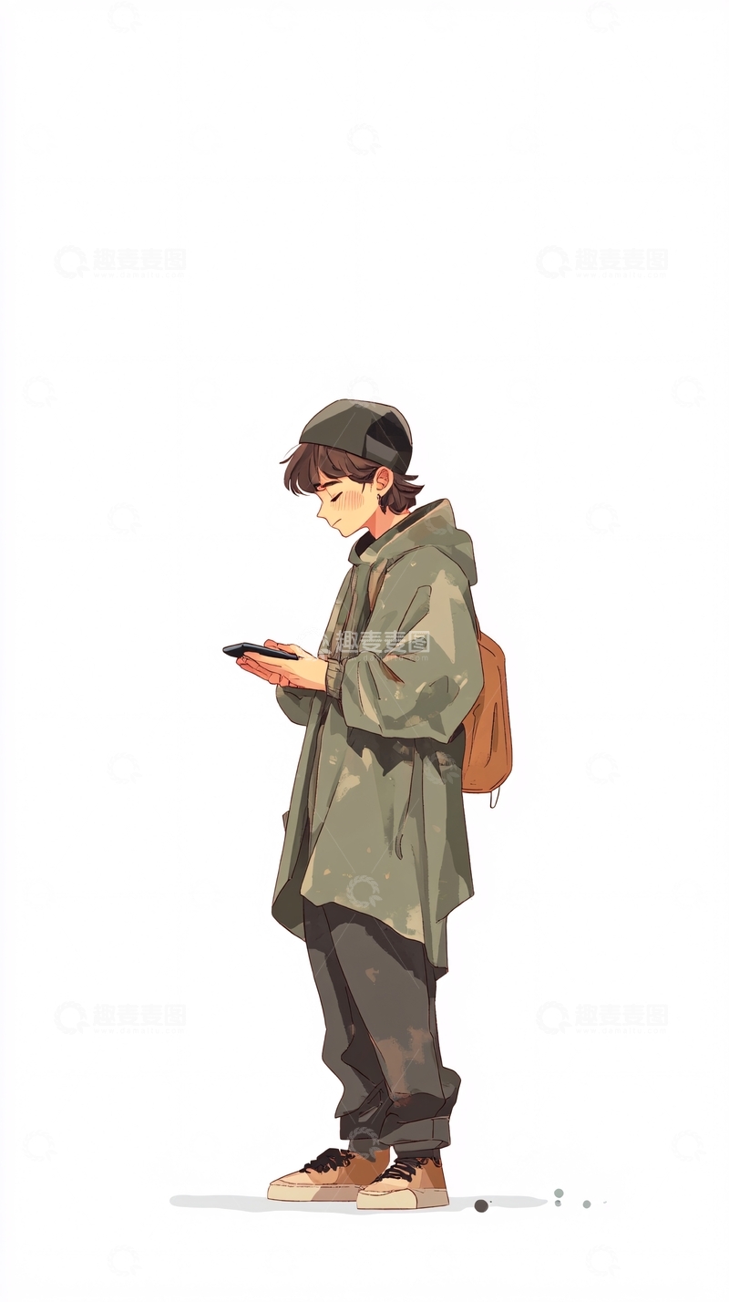 高清大图下载【趣麦麦图】低头看手机的男生插画