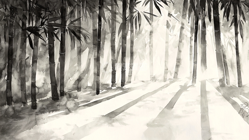 高清大图下载【趣麦麦图】阳光穿过竹林的水墨画
