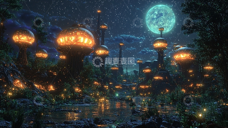 高清大图下载【趣麦麦图】梦幻发光蘑菇屋夜景