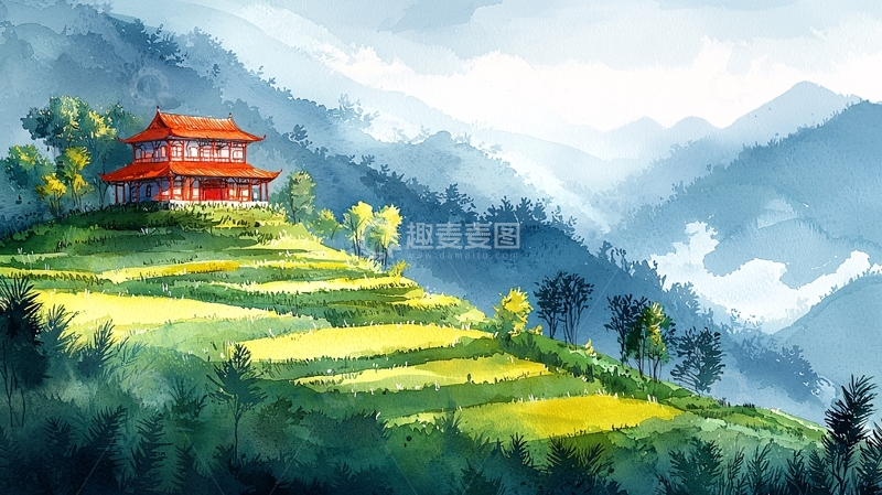 高清大图下载【趣麦麦图】山间小屋的宁静水彩画