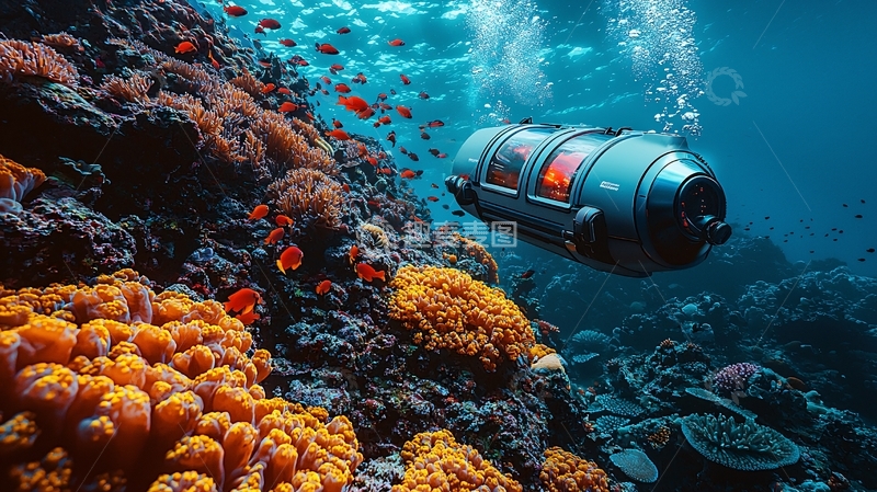 高清大图下载【趣麦麦图】深海探测器珊瑚礁鱼群