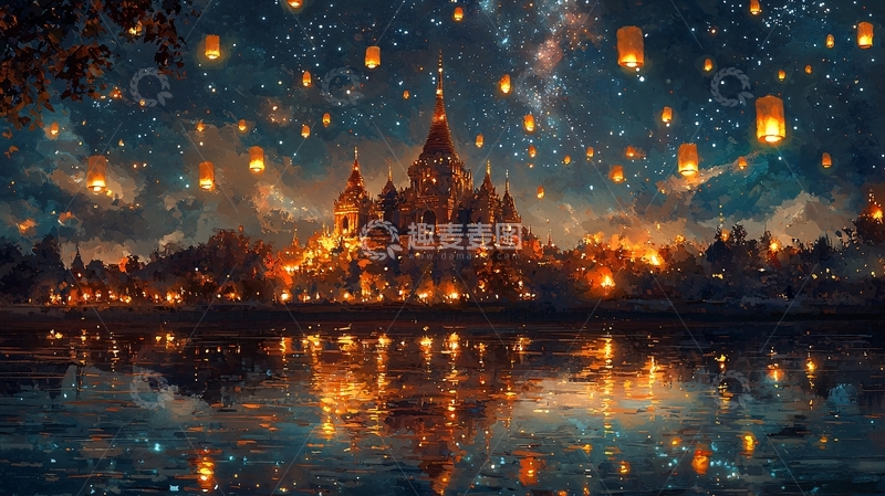 高清大图下载【趣麦麦图】夜空飞舞的许愿灯