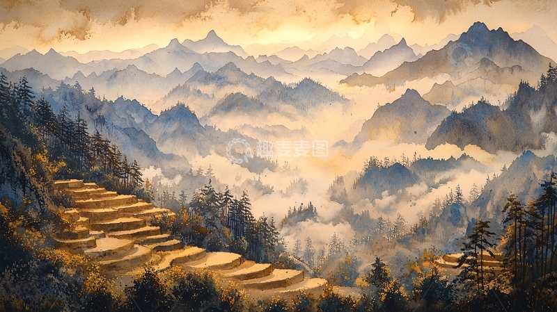 高清大图下载【趣麦麦图】山间梯田云雾缭绕风景