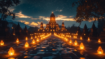 夜晚古寺烛火之路