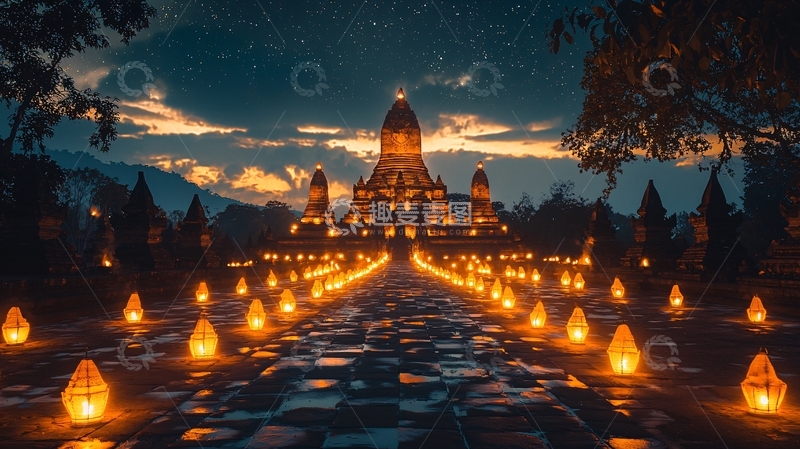 高清大图下载【趣麦麦图】夜晚古寺烛火之路