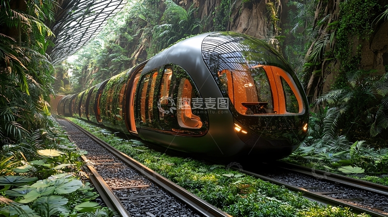 高清大图下载【趣麦麦图】未来科技感列车雨林穿梭