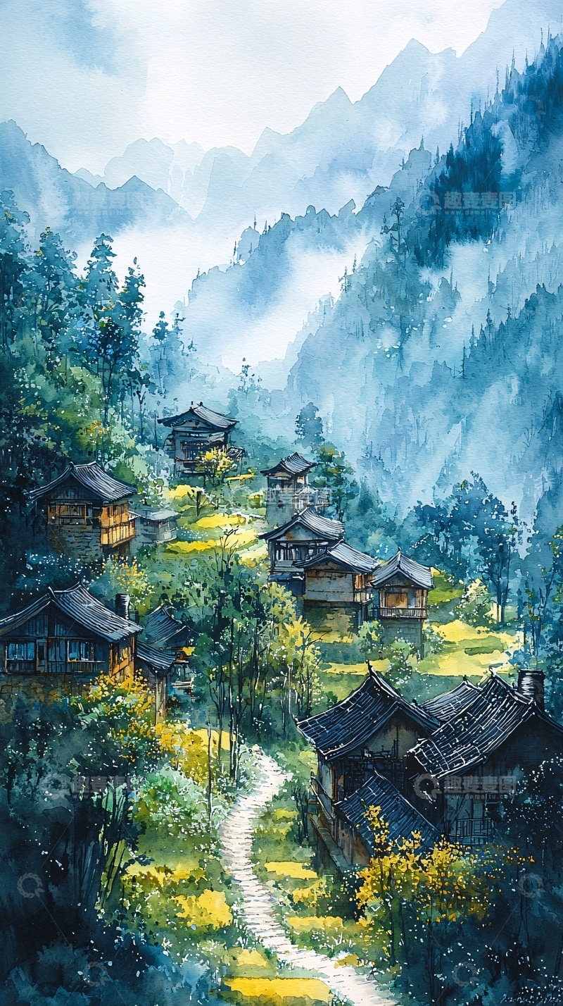 高清大图下载【趣麦麦图】山间村落水墨画