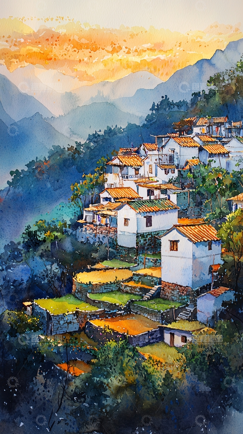 高清大图下载【趣麦麦图】山间村落水彩风景画
