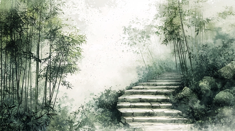 高清大图下载【趣麦麦图】竹林石阶通向远方