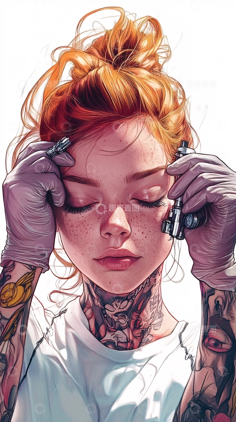 高清大图下载【趣麦麦图】红发女孩纹身师艺术插画