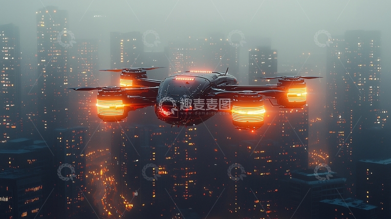 高清大图下载【趣麦麦图】未来城市雾气无人机