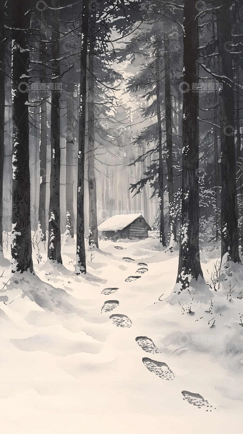 高清大图下载【趣麦麦图】雪地森林小木屋