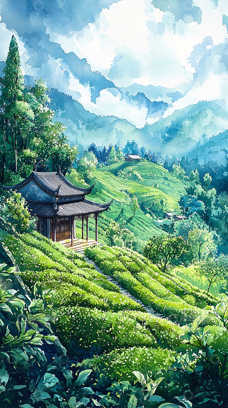 高清大图下载【趣麦麦图】山间茶园亭台水彩画
