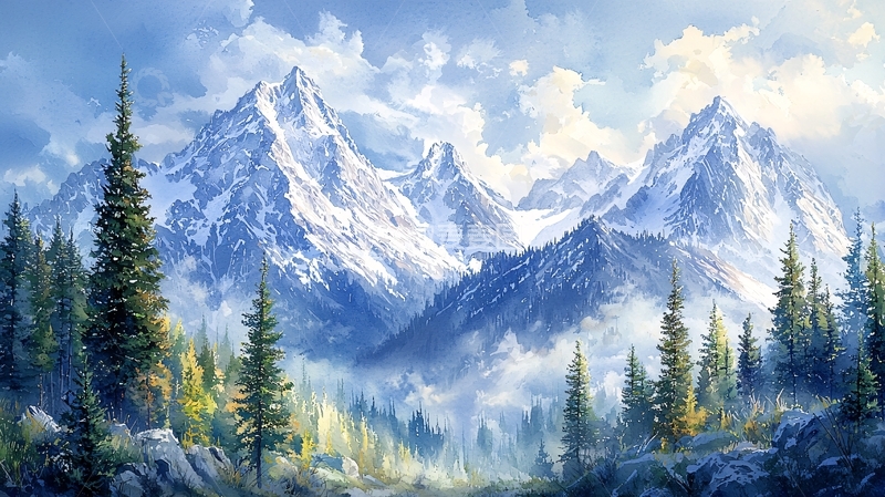 高清大图下载【趣麦麦图】雪山森林油画风景