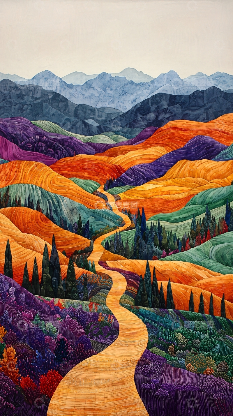 高清大图下载【趣麦麦图】彩色山峦蜿蜒小路