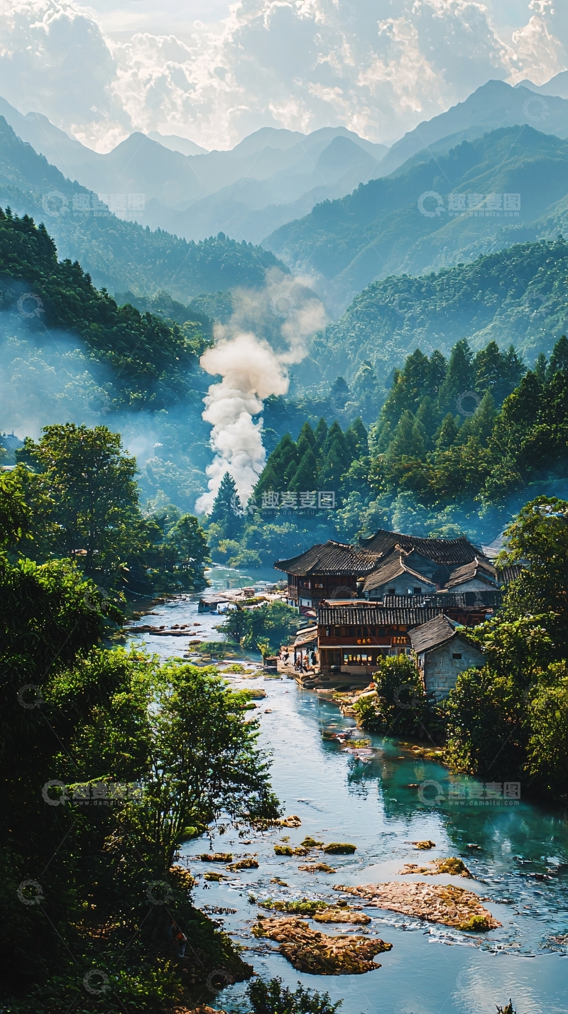 高清大图下载【趣麦麦图】山谷河流村庄炊烟