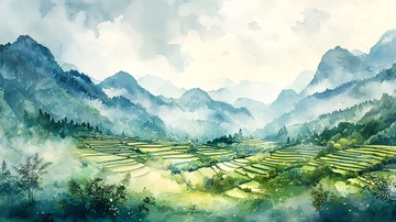 水彩山水田园风光
