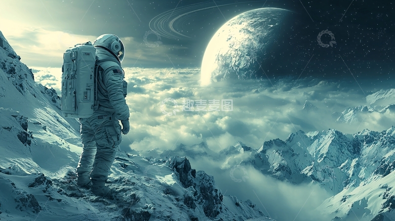 高清大图下载【趣麦麦图】宇航员太空雪山远眺