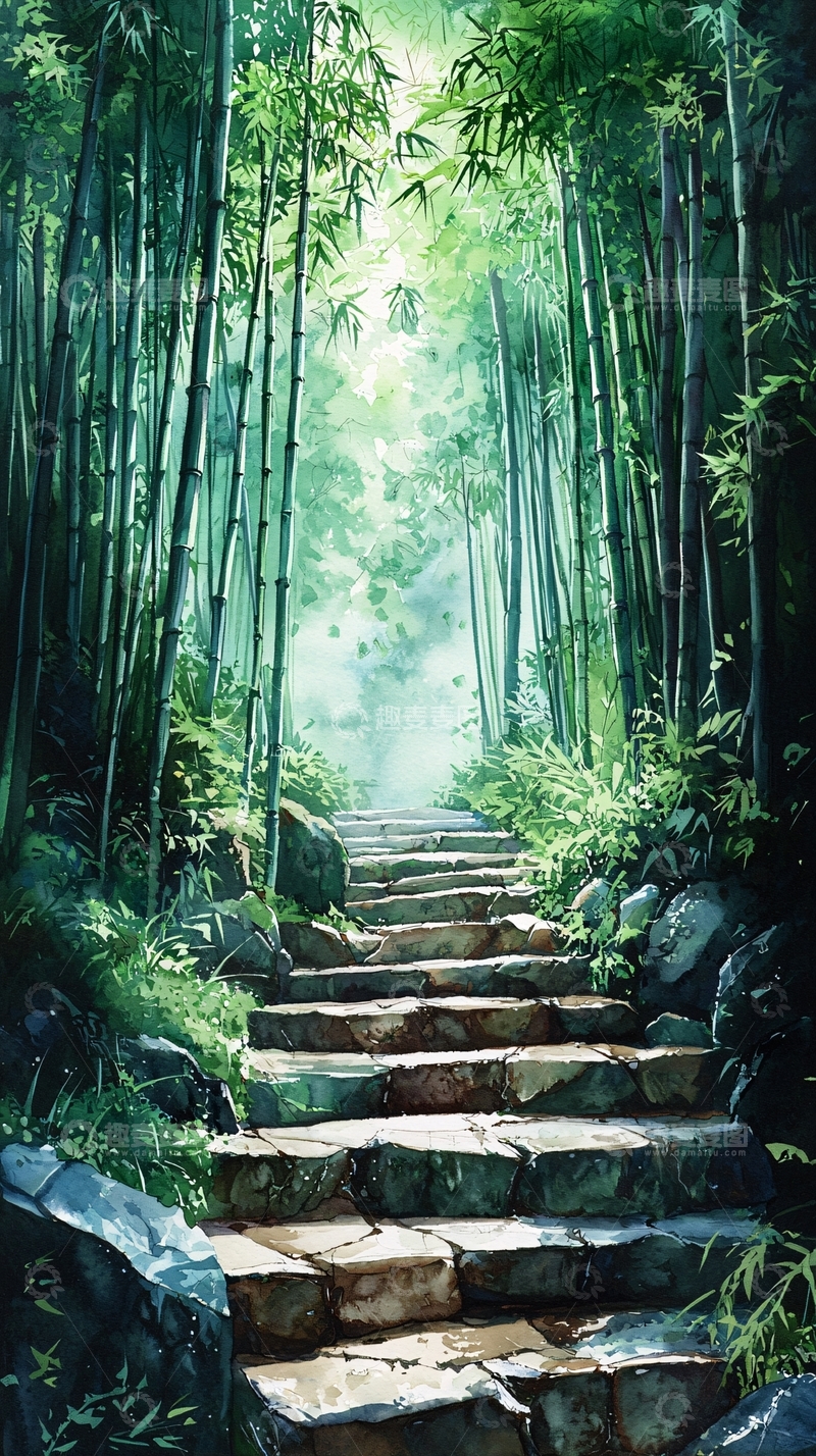 高清大图下载【趣麦麦图】竹林石阶通幽处