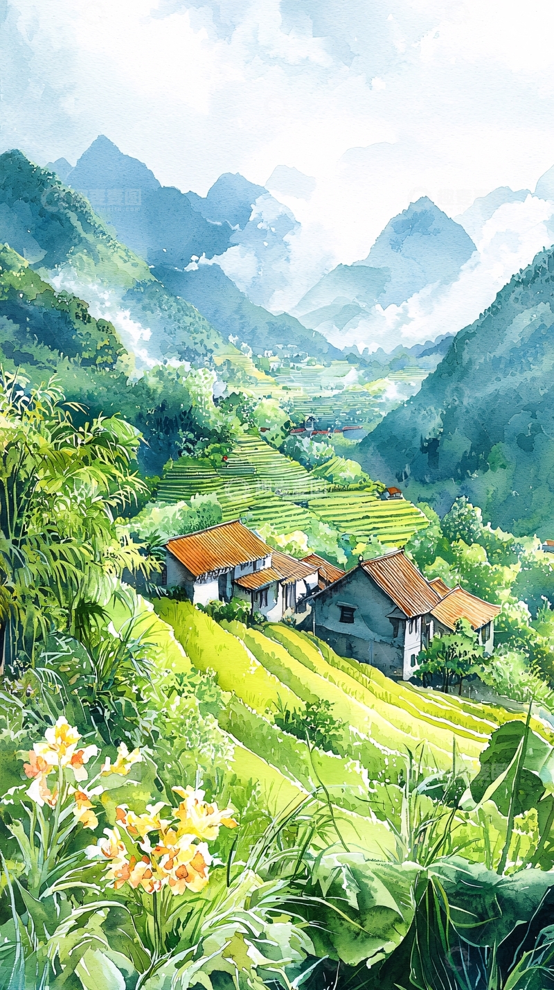 高清大图下载【趣麦麦图】田园风光水彩画
