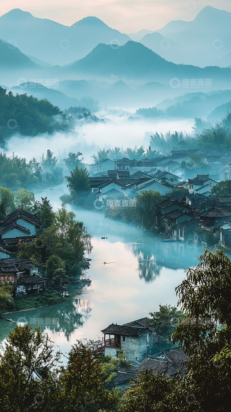 高清大图下载【趣麦麦图】清晨薄雾山村