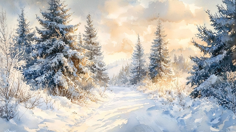 高清大图下载【趣麦麦图】冬日雪景森林阳光小路