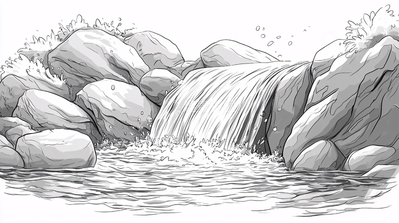 高清大图下载【趣麦麦图】黑白瀑布手绘图